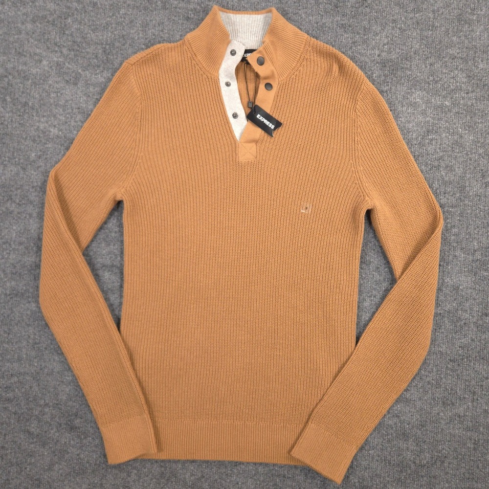 Express Henley Sweater Mens Small Brown 1/4 Snap Long Sleeve Pullover Preppy NEW